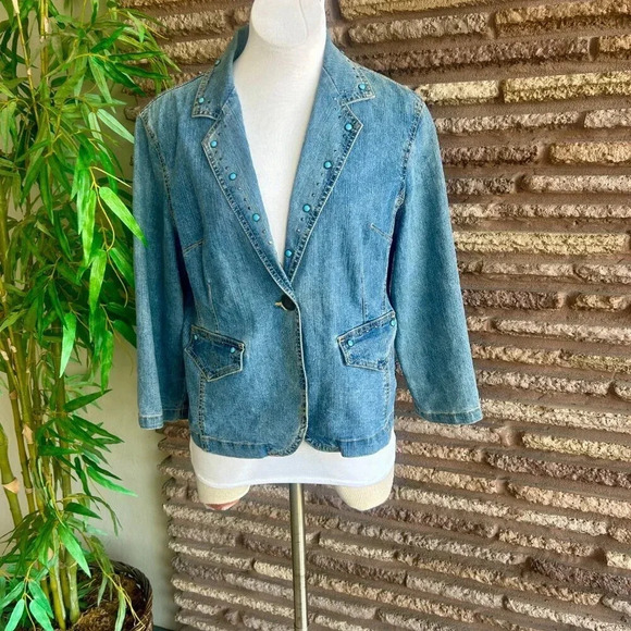 Hearts of Palm Turquoise Blue Studded Boho Southwestern Jacket Blazer Size 12 - Picture 10 of 10